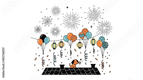 Festive Celebration: A cheerful canine joyfully celebrates amidst a cascade of colorful balloons and shimmering fireworks.