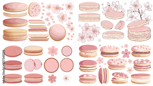Lovely collection of pink macaron illustrations with floral accents, fillings, layers, and decorative elements. Perfect for sweet themed designs, bakery branding, and feminine graphics.