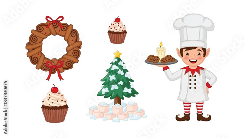 Festive Treats: An array of charming Christmas-themed cupcakes and baked goods, complemented by an adorable chef and holiday decorations. A delightful illustration of the sweetness of the season.