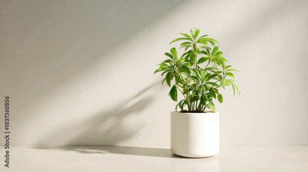 Fototapeta premium green indoor plant in white ceramic pot fresh leaves with soft shadow minimalist ecofriendly interior decor concept