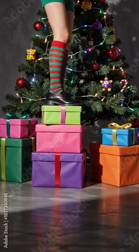 Festive christmas scene with gifts and decorated tree featuring striped socks