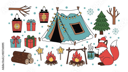 Holiday Camping Illustration: Whimsical illustrations capture the essence of holiday camping, complete with festive gifts, cozy campfire.