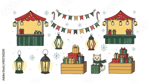 Festive stalls and gifts: a charming, hand-drawn illustration depicts a cheerful scene with decorated stalls, illuminated lanterns, gift boxes, and festive decorations.