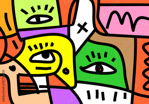 contemporary vector abstract portraits characterized by a fusion of Cubism, Pop Art, and Street Art Doodle
