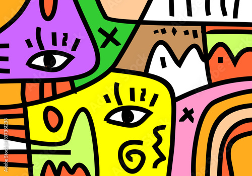 contemporary vector abstract portraits characterized by a fusion of Cubism, Pop Art, and Street Art Doodle