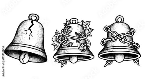 Three Tattoo Style Bells With Different Designs.