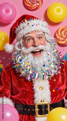 Joyful caucasian male santa with candy-themed decor and festive attire