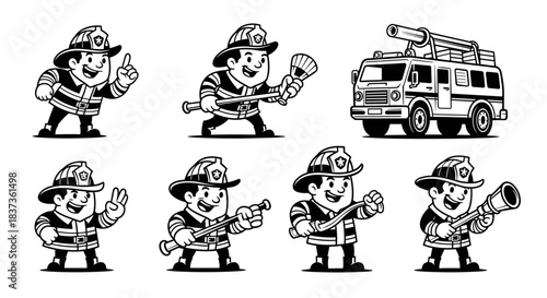 Set of Cute Firefighter Characters and Fire Truck Illustration.