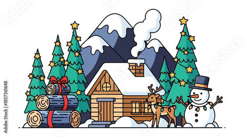 Cozy Winter Wonderland Scene: A charming illustration showcases a picturesque winter scene, with a snow-covered cabin nestled among snow-laden trees and majestic mountains.