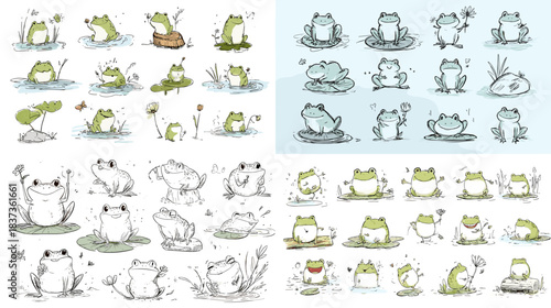 Fun illustration set of frogs in various poses, jumping, swimming, splashing, sitting on lily pads, and making expressive gestures, drawn in a lively whimsical style.