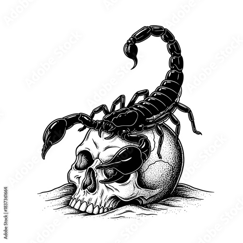 Scorpion perched on a human skull illustration.