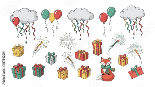 Festive Celebrations: A whimsical collection of balloons, gift boxes, fireworks, a playful fox, and cloud decorations.