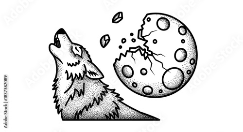Wolf howling at a cracked moon with fragments flying off.