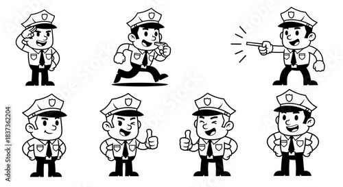 Set of Cartoon Police Officers in Various Poses and Actions.