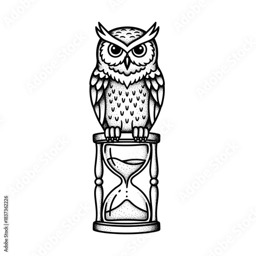 An owl perched on an hourglass symbolizing wisdom and the passage of time.