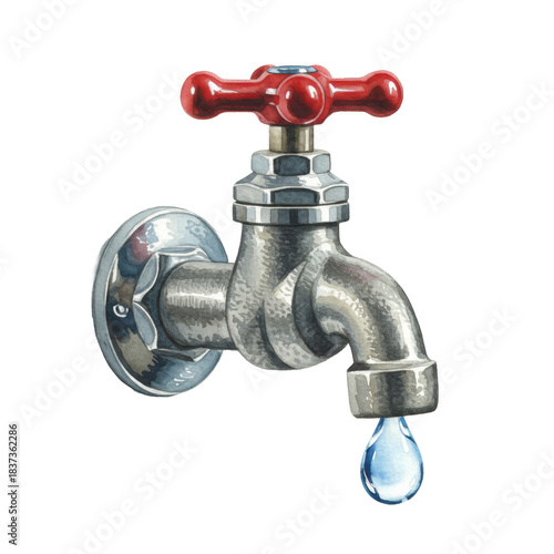 detailed watercolor of a tarnished chrome vintage faucet with a dark red cross handle on white, holding a clear blue droplet, hand-painted texture, concept of water conservation