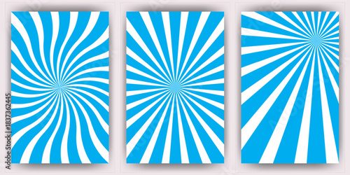 Blue and White Sunburst Swirl Background Vector Set.Dynamic Pop Art Striped Backgrounds with Swirl Effect