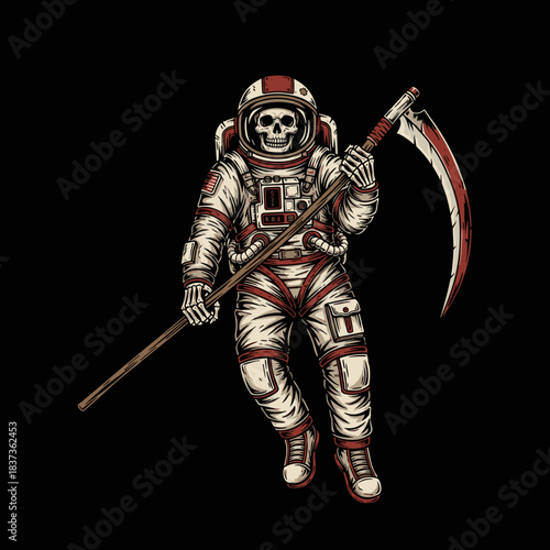 Astronaut Skeleton Grim Reaper Holding Scythe in Space.
