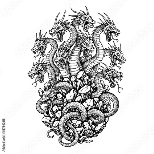 Mythical Multi-Headed Dragon Creature Illustration.