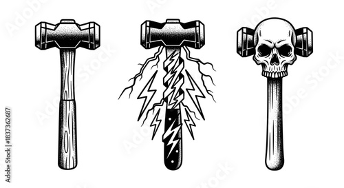 Three Hammers With Skull And Lightning Bolt Designs.