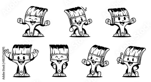 Set of cartoon paint brushes with happy faces and different poses.
