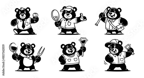 Set of six cartoon bears in various poses and outfits.