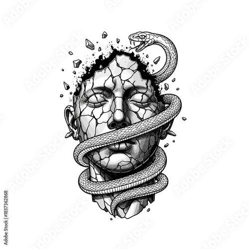 Cracked Head Sculpture with Snake Illustration.