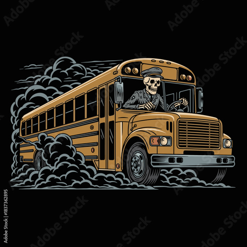 Skeleton driving a school bus with smoke.
