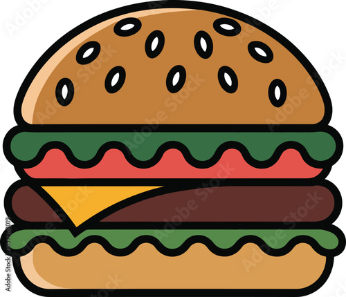 Classic cartoon hamburger illustration with sesame seed bun