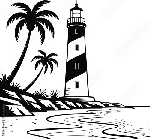 Coastal lighthouse illustration with palm trees and ocean shore