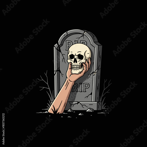 Hand holding skull emerging from grave with tombstone.