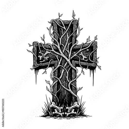 Gothic Cross Overgrown with Thorny Vines and Skulls.