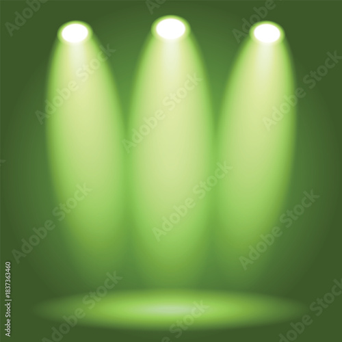 Vibrant green spotlight beams illuminate an empty studio background, ideal for product display or abstract concepts.