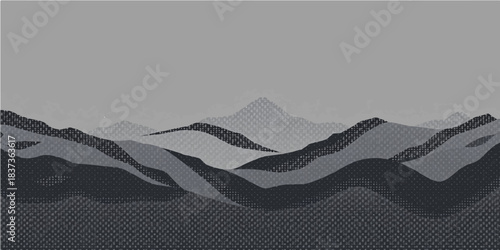 A vector illustration of a mountain range landscape at sunset with snow peaks under a blue sky and clouds