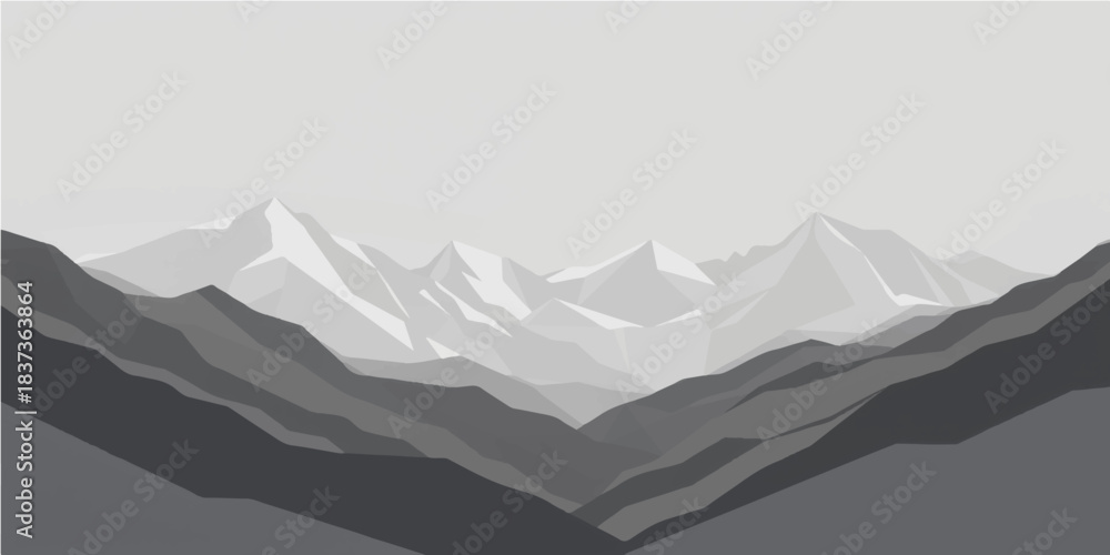 Fototapeta premium A high alpine winter panorama showcasing snowy mountain peaks and glaciers under a cold sky with fog and clouds