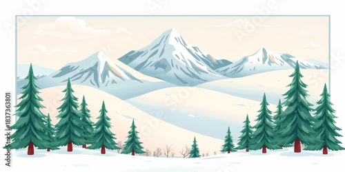 A vector illustration of a cold winter forest landscape featuring snowy fir trees and frozen pine wood under a white mountain sky during the Christmas season