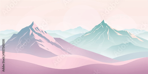 A vector illustration of a mountain landscape featuring a snowy peak range at sunset with a foggy forest valley under a glowing sun and blue clouds