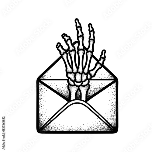Skeleton Hand Emerging from Envelope Illustration.