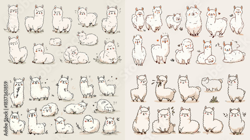 Adorable illustration set of alpacas in a wide range of cute poses, standing, sitting, rolling, stretching, and interacting, all drawn in a soft whimsical sketch style.