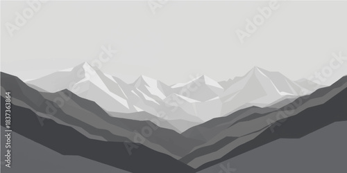 A high alpine winter panorama showcasing snowy mountain peaks and glaciers under a cold sky with fog and clouds