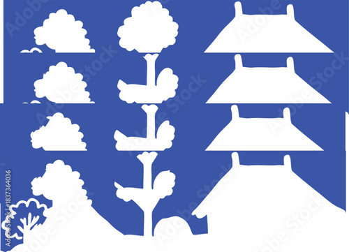 A bold and striking illustration featuring a pagoda, trees, and floating cloud