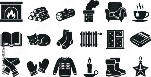 Warm winter relaxation and comfort black glyph icons. Heater radiator, woolen socks, and reading book vector symbols set.
