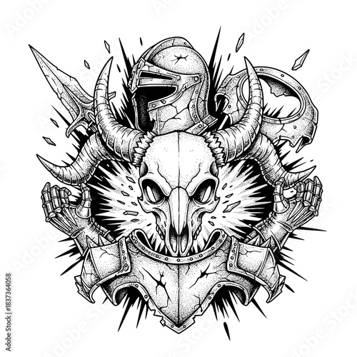 Dark Fantasy Warrior Skull Armor and Weapons Emblem.
