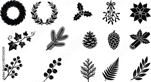 Christmas floral and botanical silhouette icon set. Winter foliage symbols including wreath and holly vector collection.
