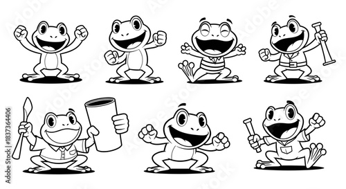 Set of Cute Cartoon Frogs in Various Poses and Activities.