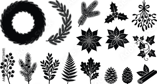 Holiday plants and nature black glyph icons. Pine cone, mistletoe, and poinsettia flower symbols vector set.

