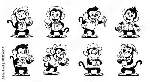 Set of Eight Adorable Cartoon Monkeys in Various Poses and Outfits.