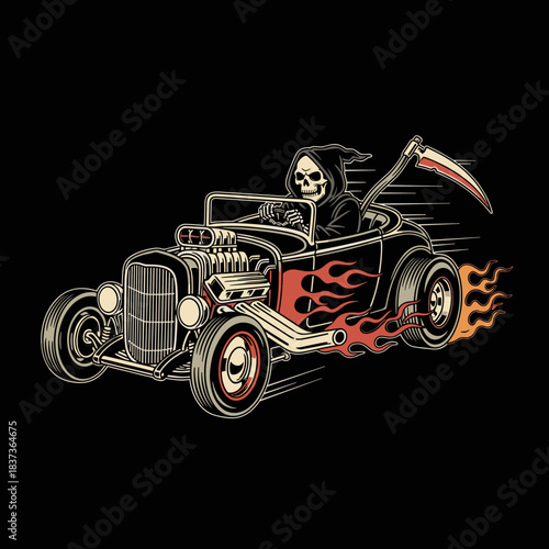 Grim Reaper driving a flaming hot rod car with a scythe.