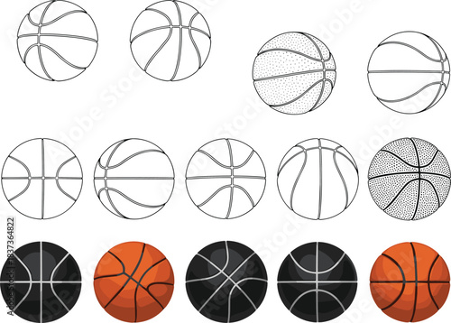 Basketball Icon Collection, Featuring Line Art, Textured Black and White, and Classic Orange-Colored Sports Ball Vector Illustrations, for Game Design
