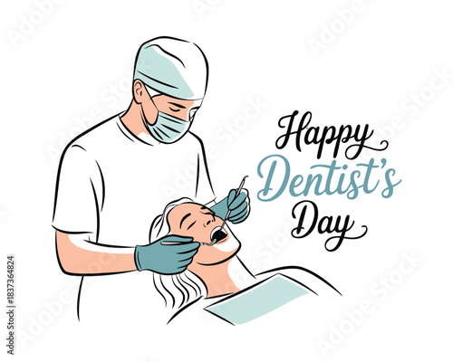 Dentists day simple vector illustration with doctor and patient. One continuous line art drawing background, banner, poster for dentists day celebration.